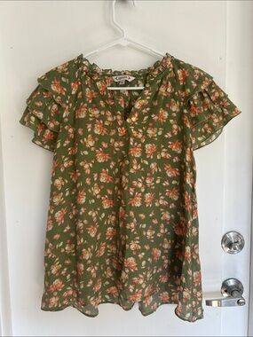 Nanette Lepore Olive Floral Ruffle Sleeve Blouse